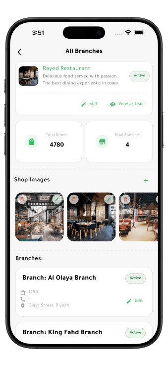 The Rayed business app listing a restaurant's branches, its total orders and its branch count